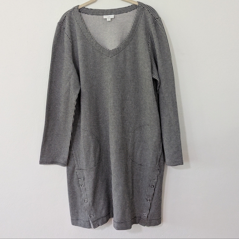J. Jill Micro Houndstooth Snap Hem Tunic Dress V Neck Black White Large L